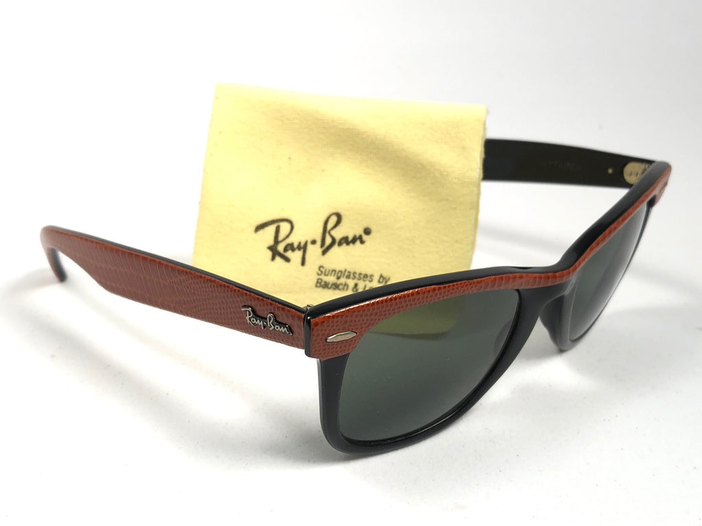 VINTAGE RAY BAN WAYFARER ORANGE LEATHER BLACK G15 GREY LENS BL US SUNGLASSES