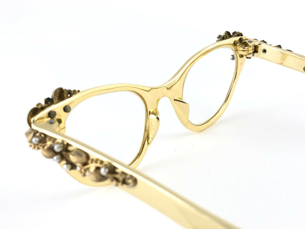 NEW VINTAGE TURA GOLD & PEARLS CAT EYE FRAME RX 1960'S  SUNGLASSES