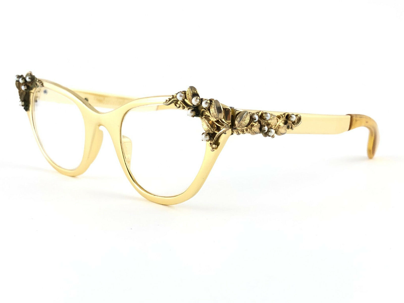 NEW VINTAGE TURA GOLD & PEARLS CAT EYE FRAME RX 1960'S  SUNGLASSES