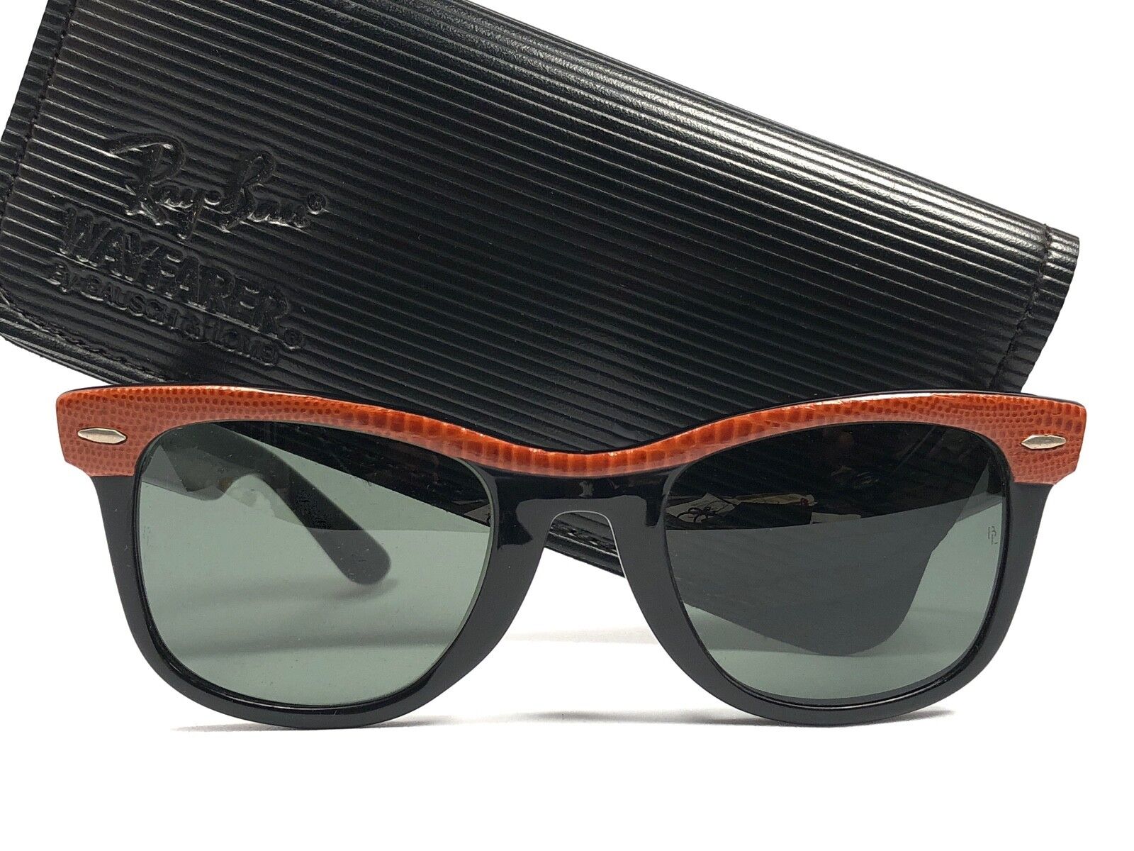 VINTAGE RAY BAN WAYFARER ORANGE LEATHER BLACK G15 GREY LENS BL US SUNGLASSES