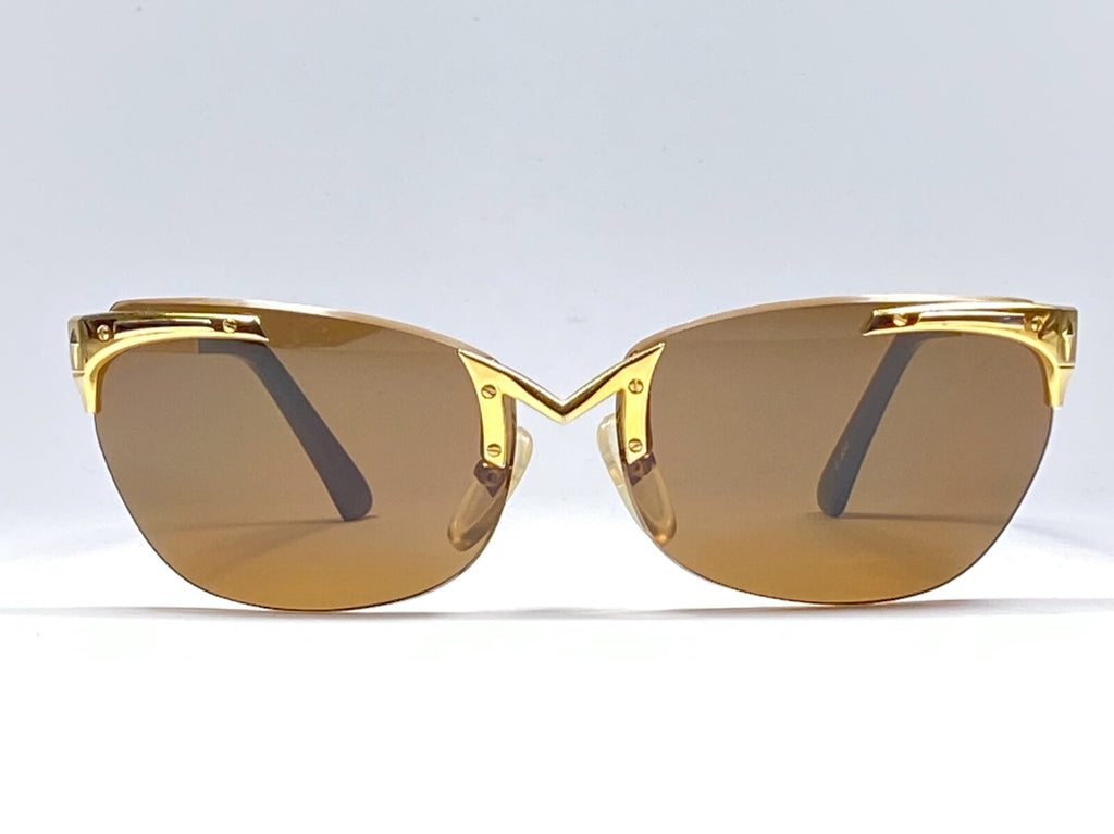 NEW VINTAGE THIERRY MUGLER RIMLESS GOLD CAT EYE BROWN LENSES 1980'S SUNGLASSES