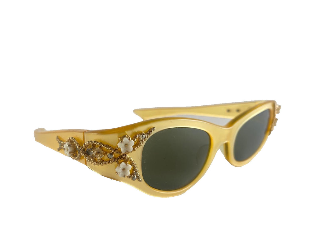 VINTAGE MAY MIDCENTURY BEJEWELLED CAT EYE SUNGLASSES MADE IN USA