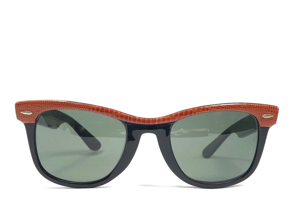 VINTAGE RAY BAN WAYFARER ORANGE LEATHER BLACK G15 GREY LENS BL US SUNGLASSES