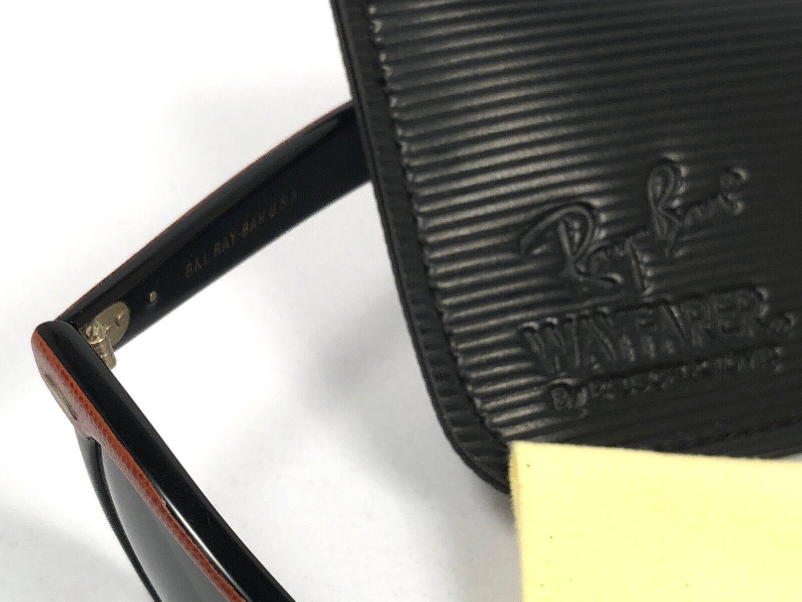 VINTAGE RAY BAN WAYFARER ORANGE LEATHER BLACK G15 GREY LENS BL US SUNGLASSES
