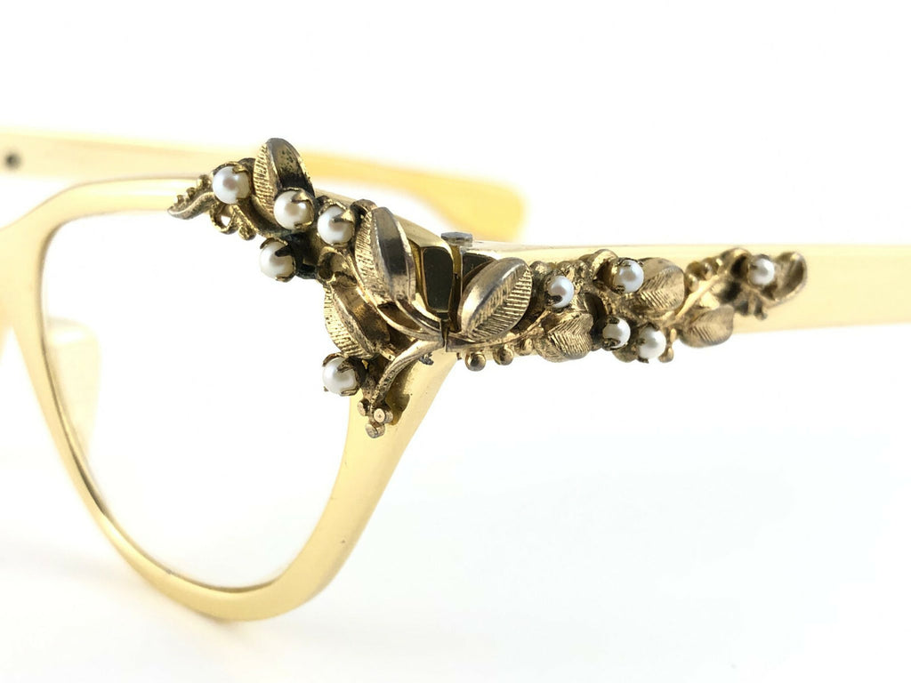 NEW VINTAGE TURA GOLD & PEARLS CAT EYE FRAME RX 1960'S  SUNGLASSES