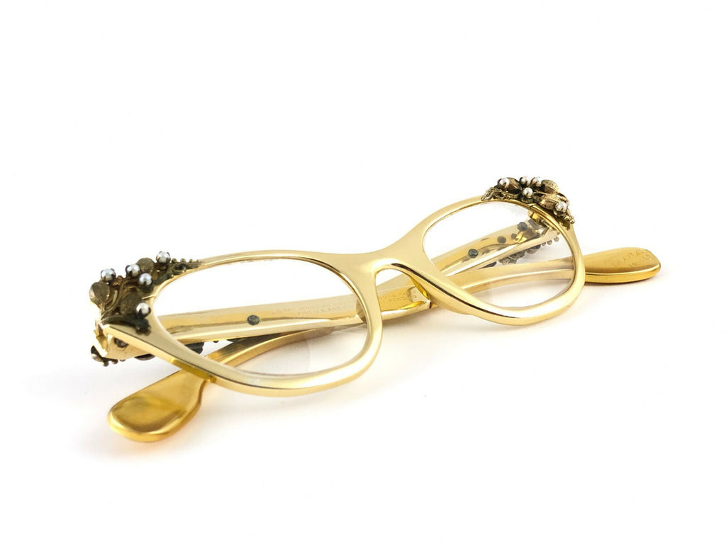 NEW VINTAGE TURA GOLD & PEARLS CAT EYE FRAME RX 1960'S  SUNGLASSES